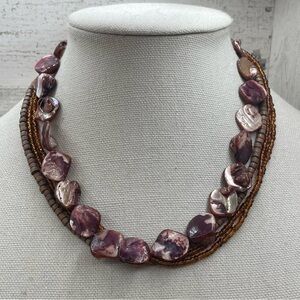 Beautiful Purple Mother of Pearl Wood and Amber Seed Beads Necklace